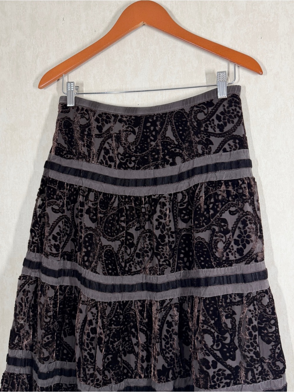 Garnet Hill Black Velvet Burnout Tiered Midi Skirt with Gray Bands - Picture 7 of 12